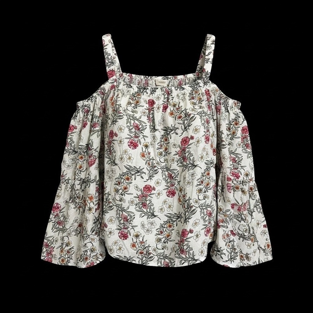 Umgee Top Womens M White Floral Cold Shoulder Bell Sleeve Boho C3487